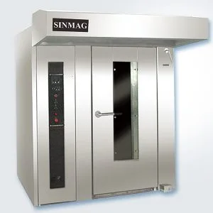 F1 rack ovens with rotating trolley for baking bread, cakes, and pizzas in commercial kitchens
