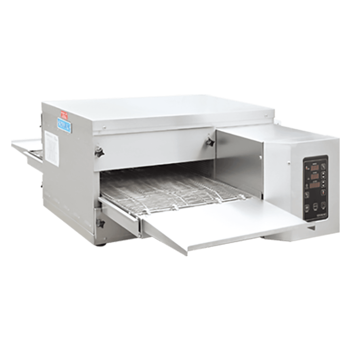 Pizza conveyor oven Double fans provide very good heat exchange. power off till oven cools to 70°C. All control elements are installed on the door.