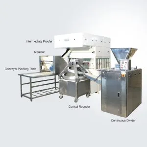 Industrial bakery make-up line with automatic dough processing machines for high-volume production